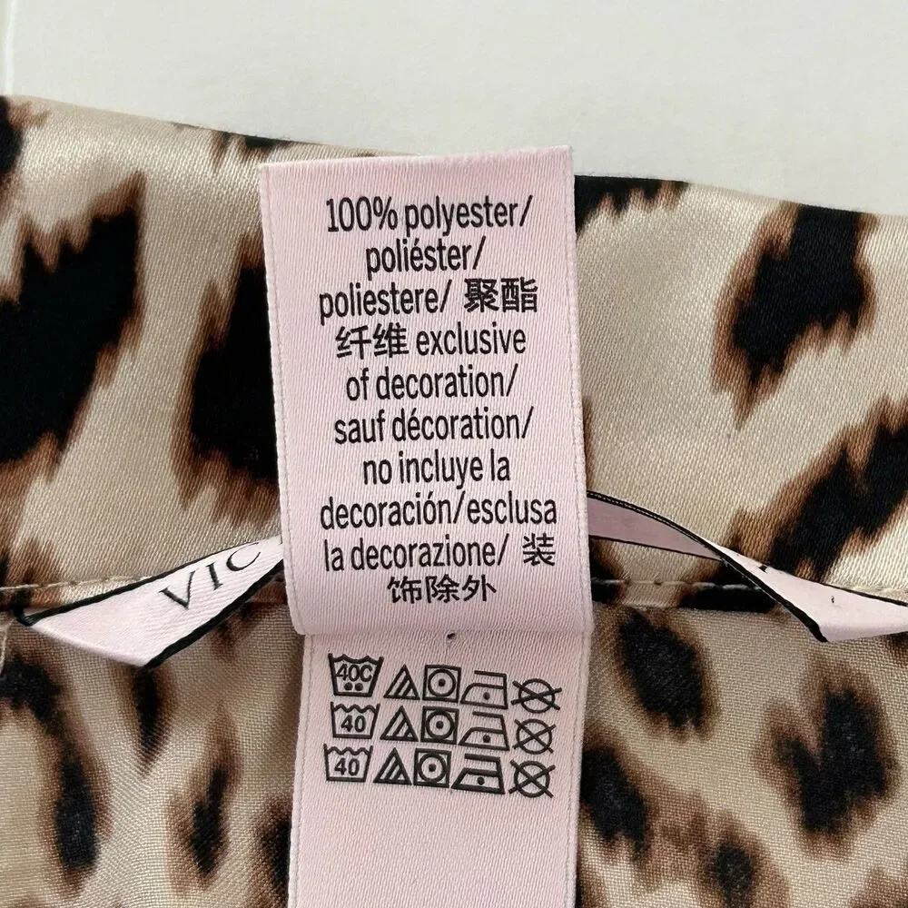 Victorias Secret Satin Sleep Shirt Womens Sz L Leopard Animal Print Button Up